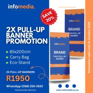 Two premium 85x200cm pull-up banners with eco-stands and carry bags on promotion by INFOMedia.