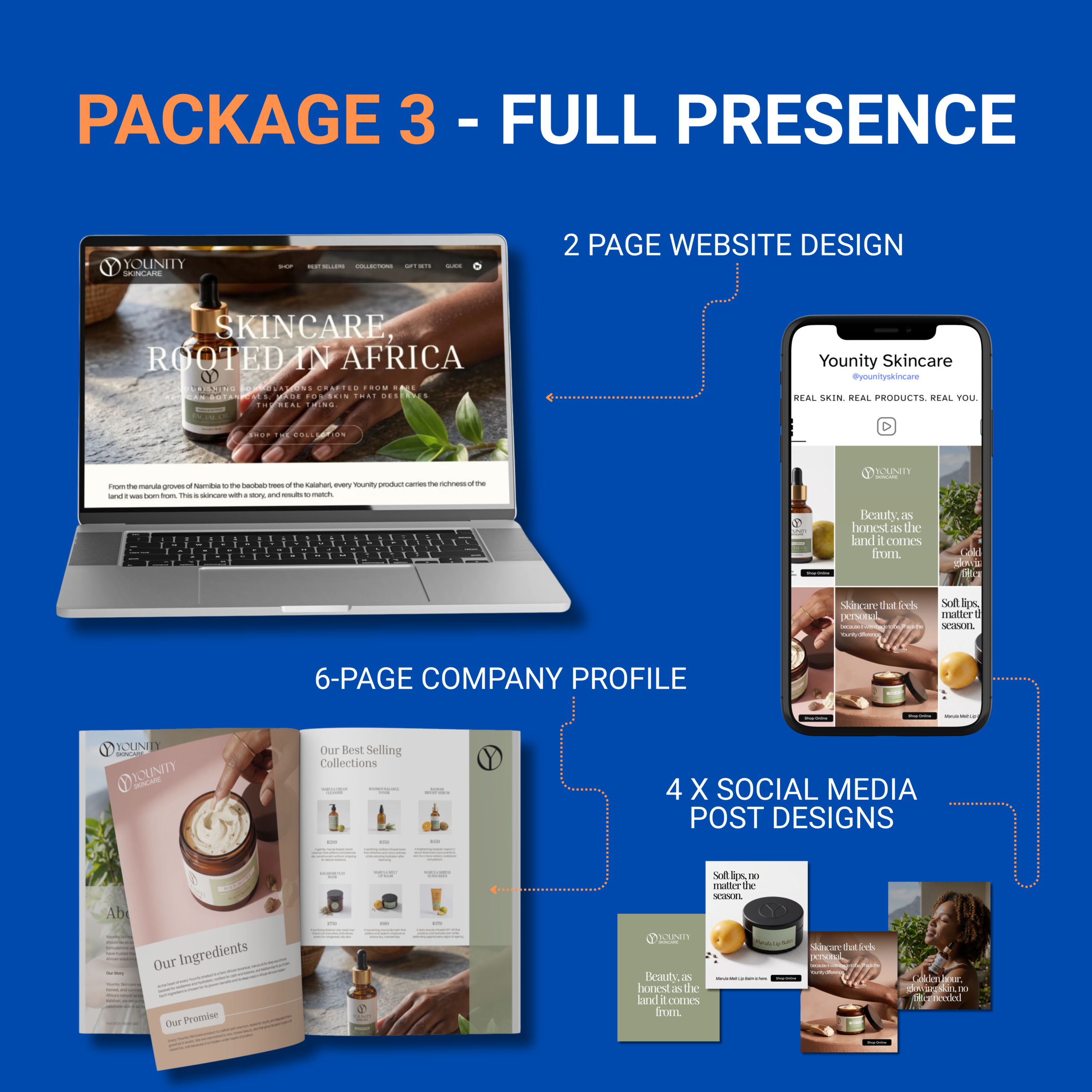 Full Presence branding package — landing page design, company profile and social media designs